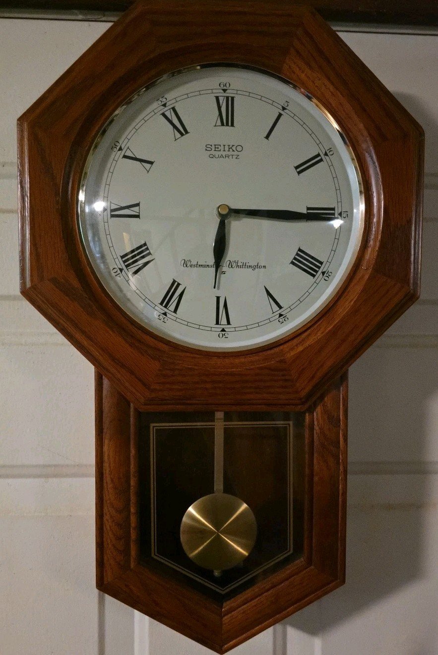Seiko Quartz Westminster Whittington Wall Clock Working Oak Wood Chimes Every 15