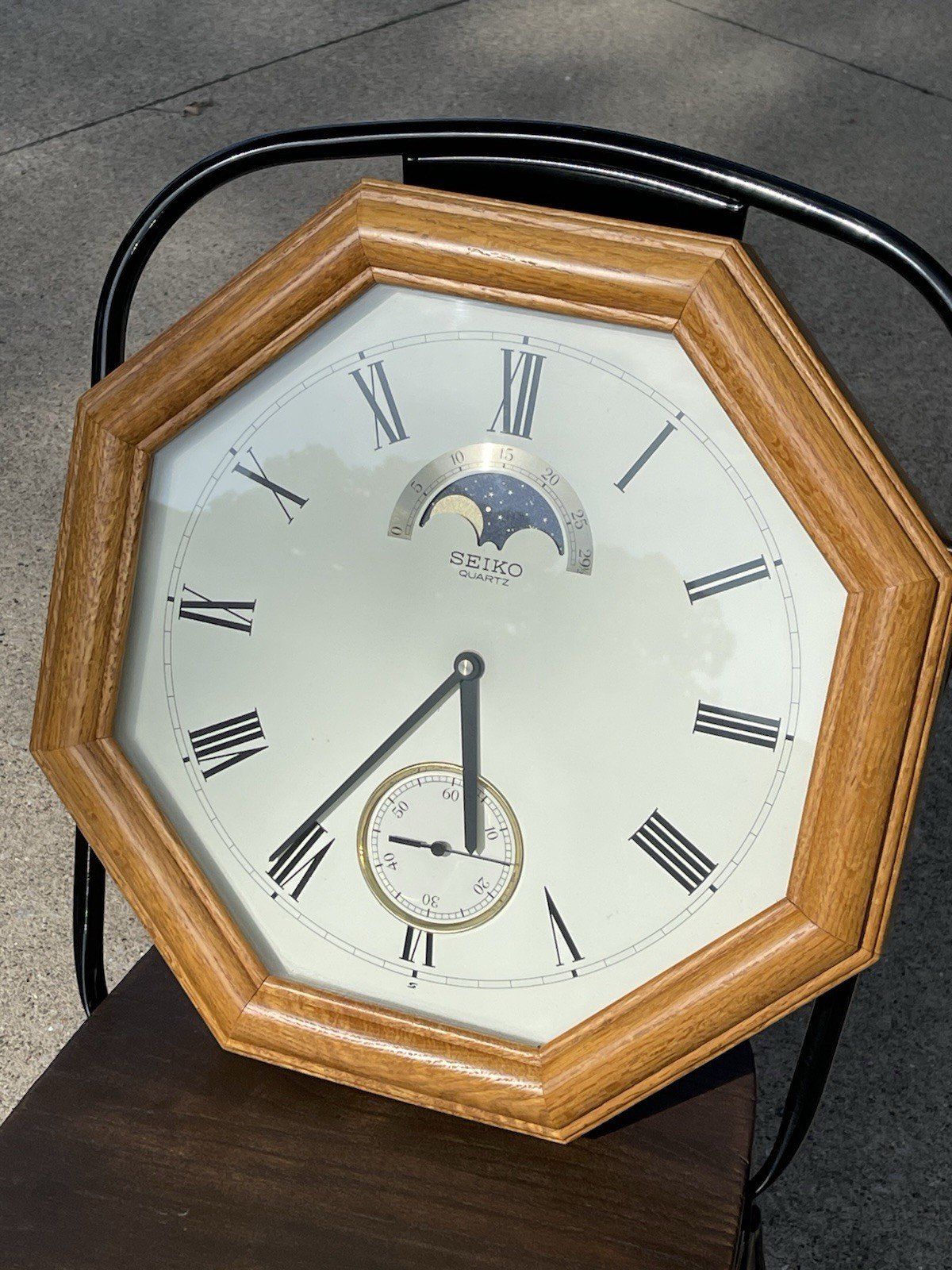 Seiko QXA104BC Wall Clock Moon Phase Oak Wood Large Vintage