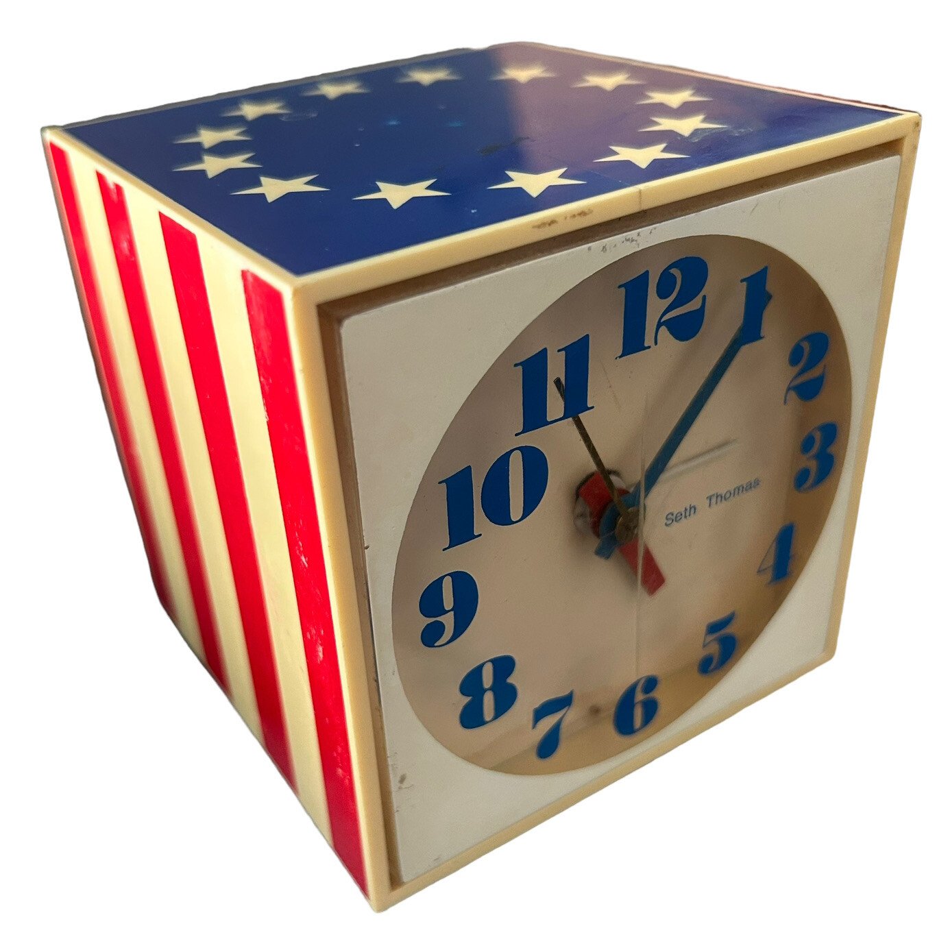 Seth Thomas 70s Mini Cube Alarm Clock E043-000 Reveille Flag 76 Works! HTF