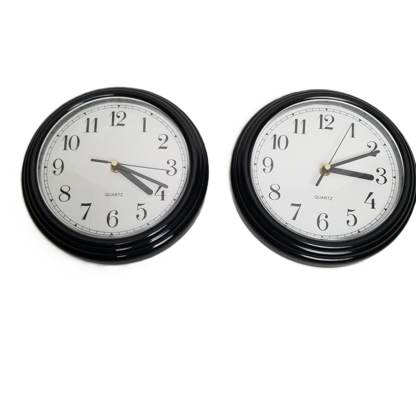 Set of 2 Matching Black Frame Wall Clocks 9 Inch Quartz Battery Round Tested