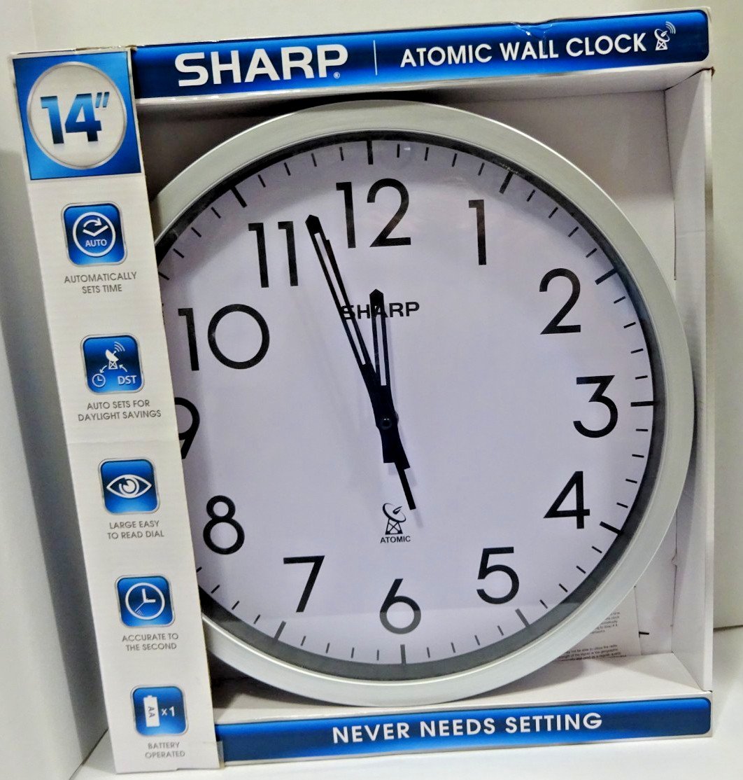 Sharp Atomic Wall Clock 14” Never Needs Setting Battery Operated Gray New