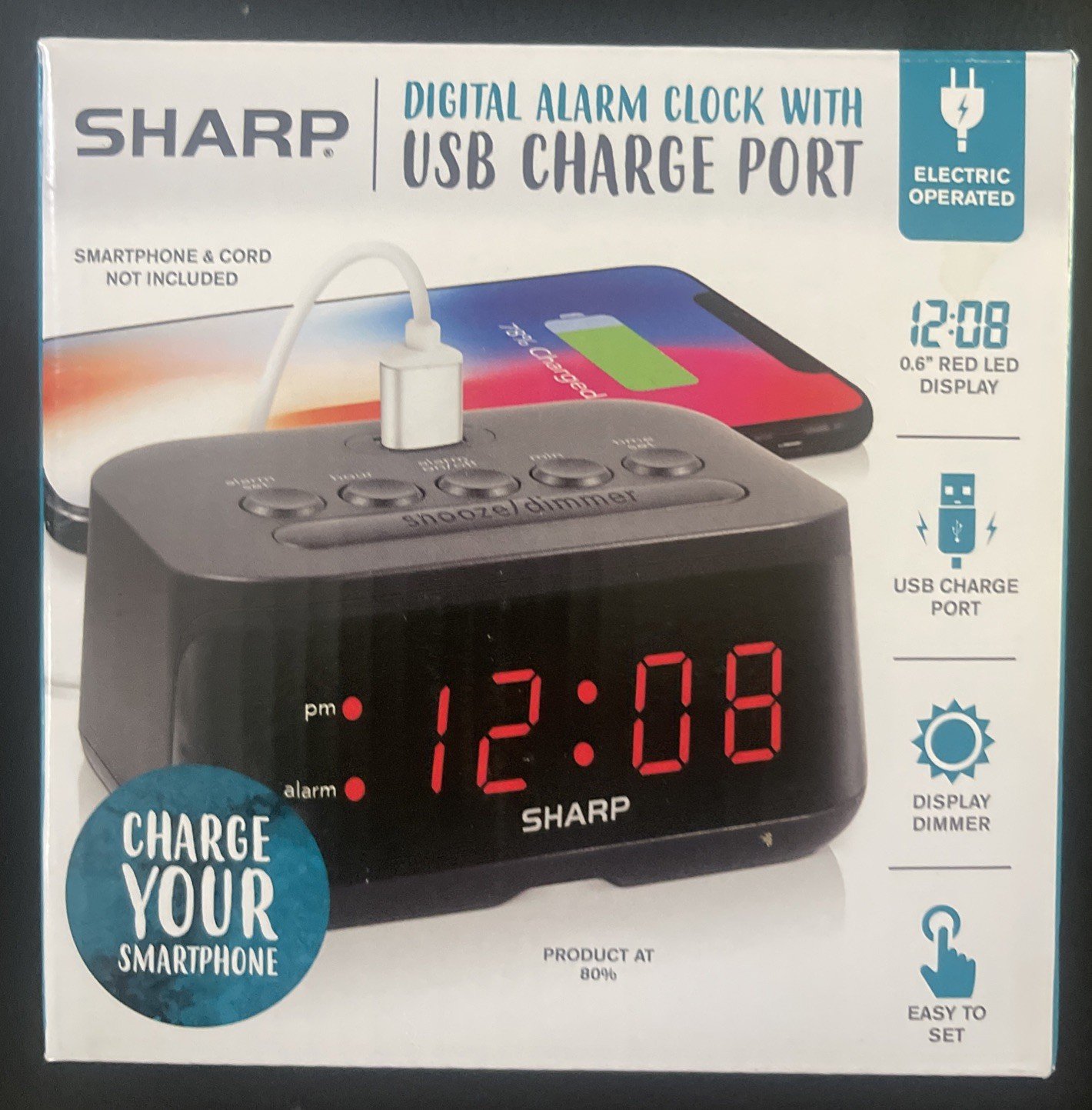 SHARP Digital Alarm Clock with USB 2 AMP Fast Charge White Led - Usb 2 Amp