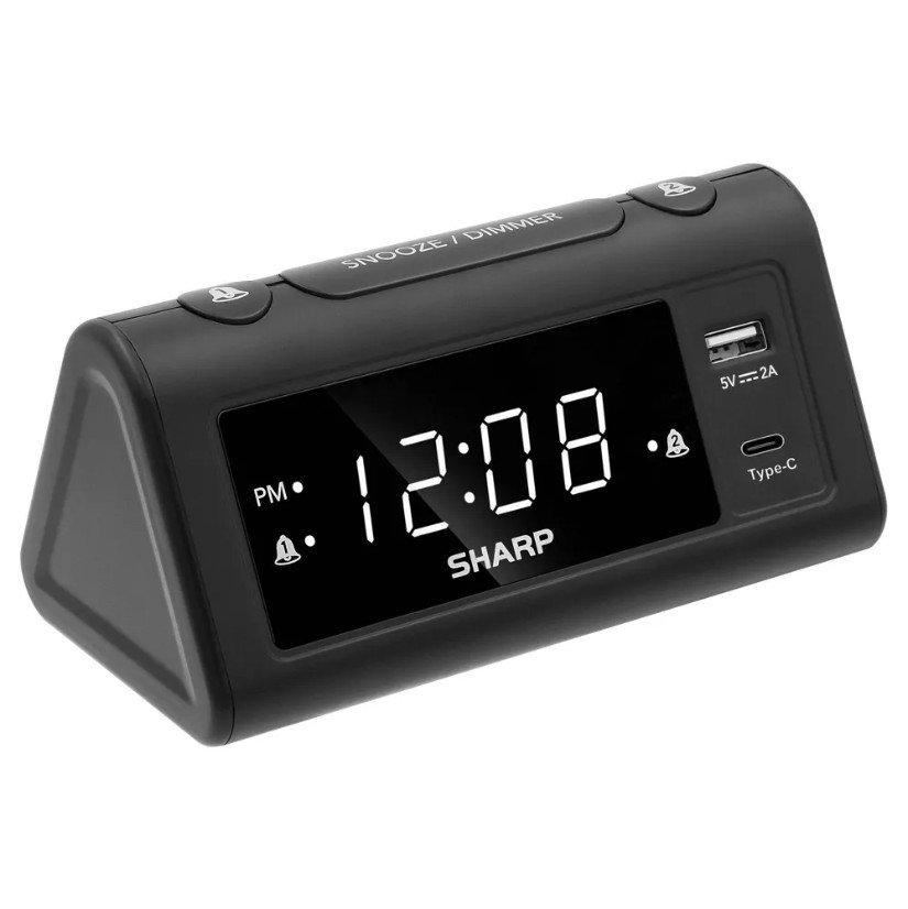 Sharp Digital Dual Alarm Clock with A/C USB Charge Ports Black