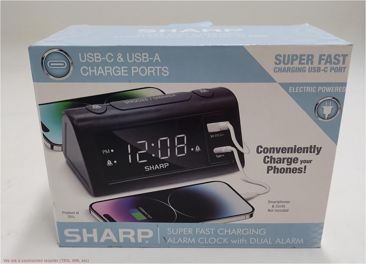 Sharp Digital Dual Alarm Clock with A/C USB Charge Ports Black