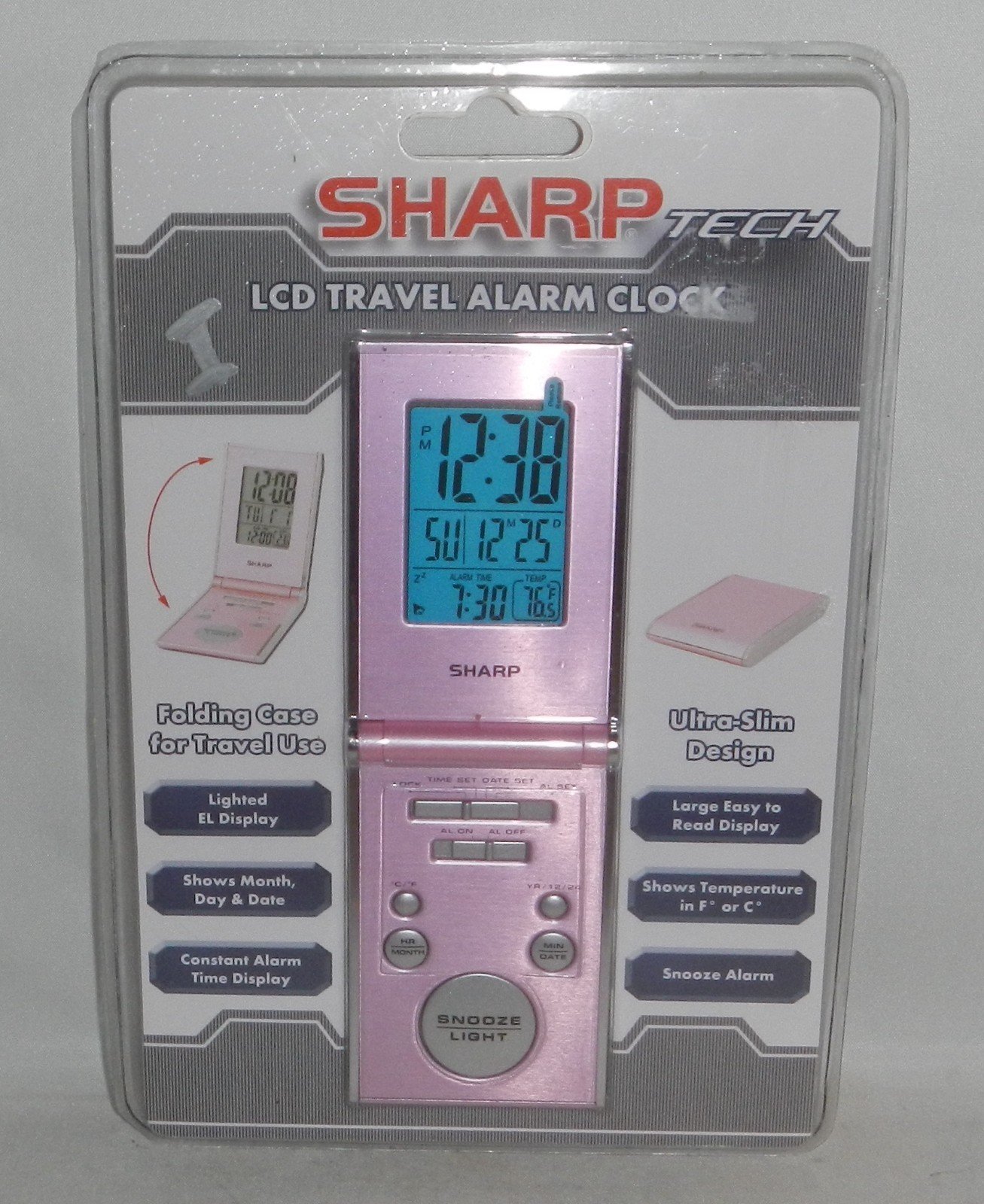 Sharp LCD Pink Folding Case Foldable Ultra Slim Travel Alarm Clock SPC4301