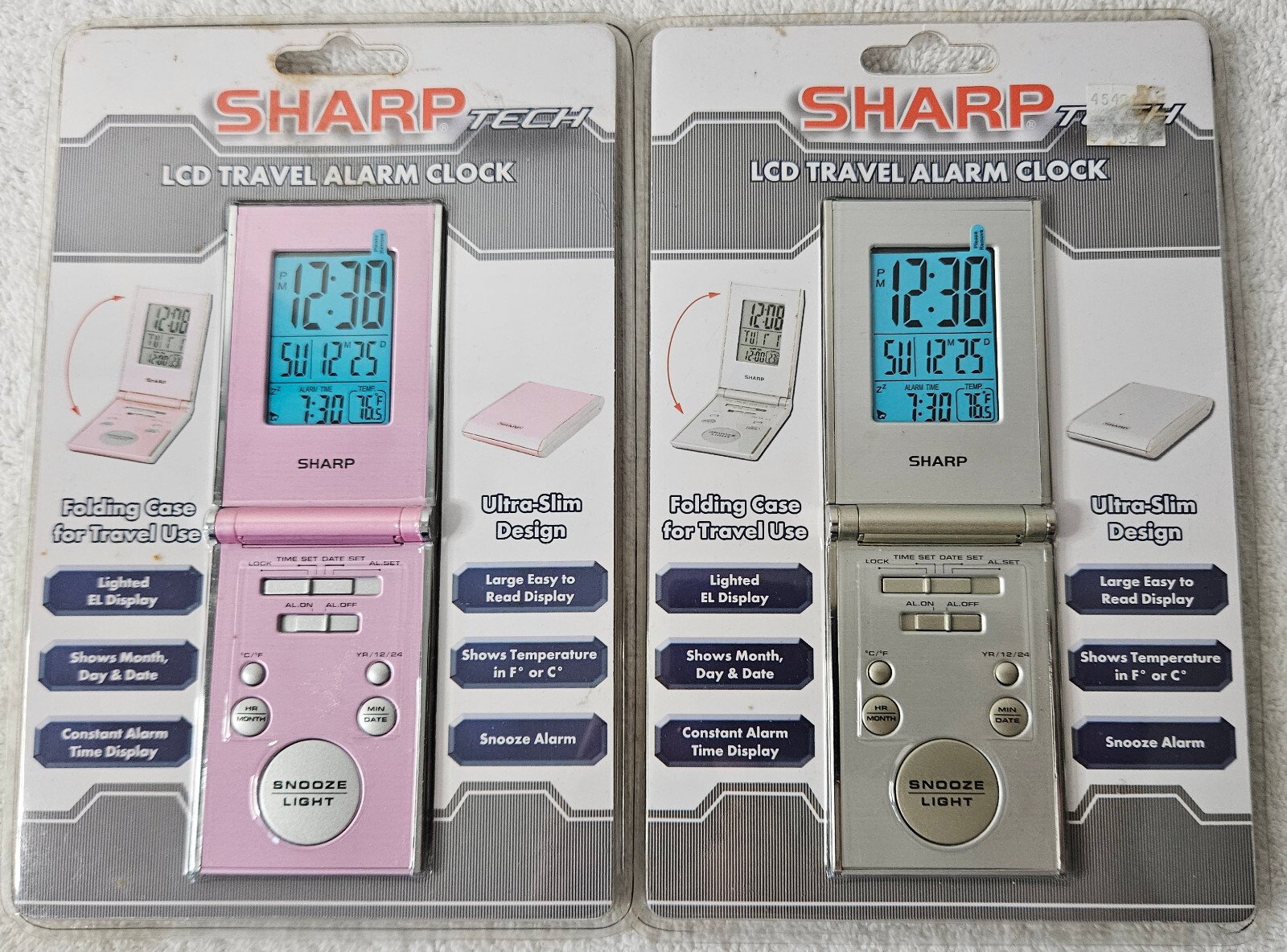 SHARP Tech LCD Travel Alarm Clock Ultra-Slim Design Folding Case Pink or Silver