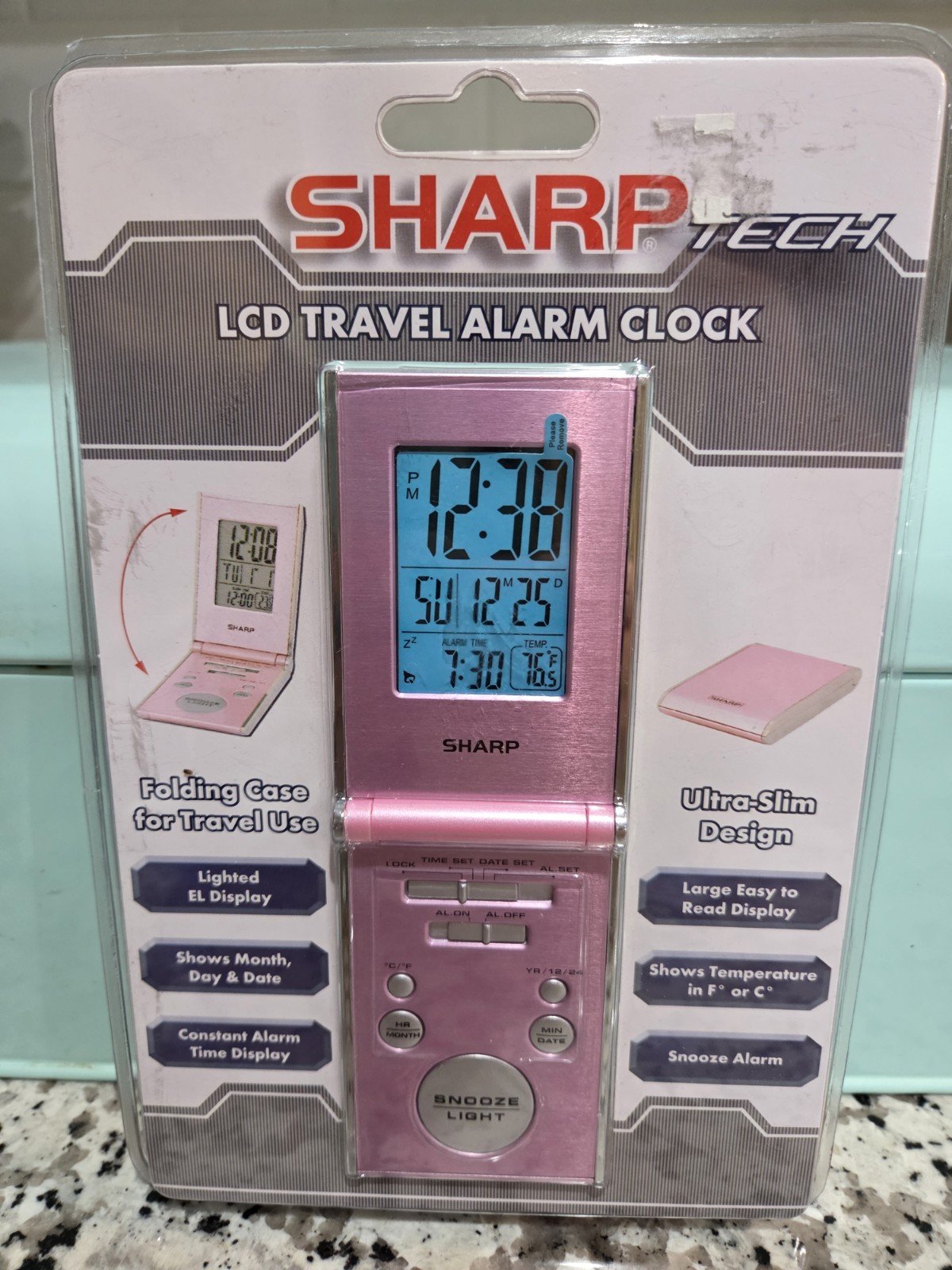 Sharp Tech LCD Travel Alarm Clock Ultra Slim Design Folding Case Pink NEW
