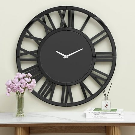SHYFOY Mirrored Glass Wall Clock Black Oversized Clocks for Living Room Home Decor