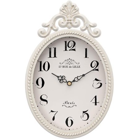 Silent Battery Operated French Retro Wall Clock, Ivory White Oval Vintage Decor for Farmhouse Kitchen Bedroom Bathroom