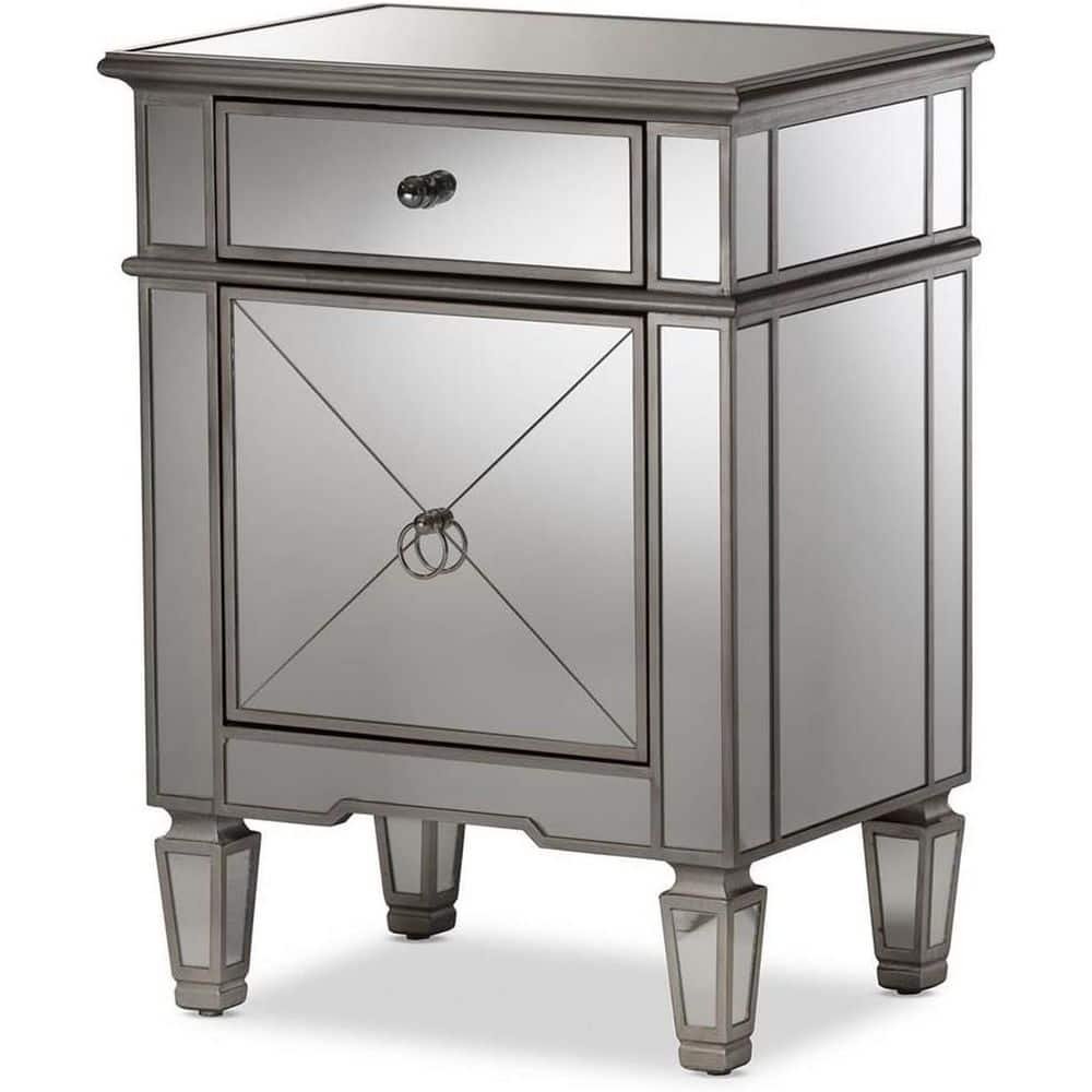 Silver 1 Drawer 22 in. W Nightstand with Mirrored Accents