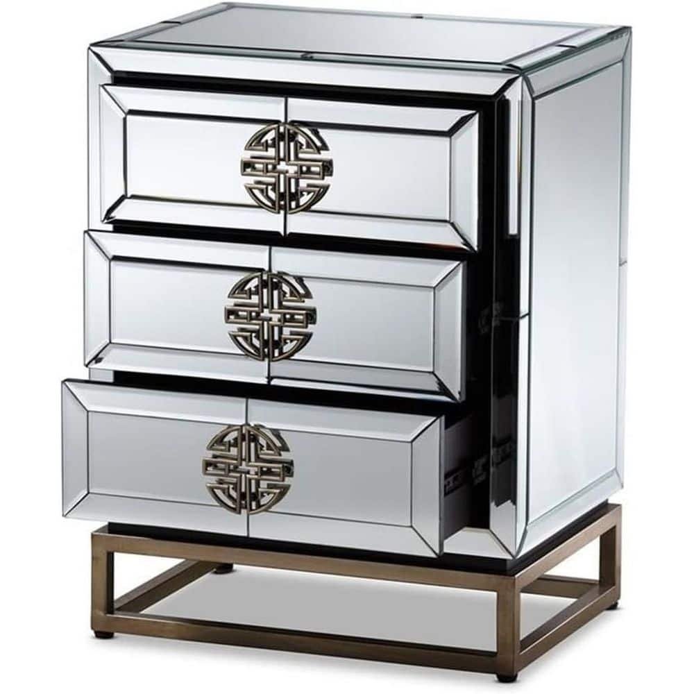 Silver/Bronze 3 Drawer 20 in. W Nightstand with Mirrored Accents