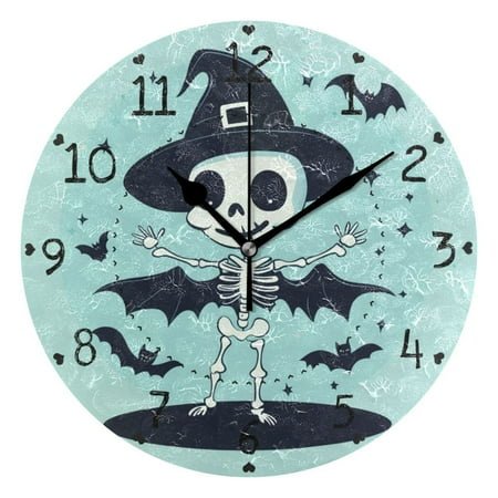 Skeleton with Magic Hat Bats Halloween Round Wall Clock Silent Analog Battery Operated Black Pointer Home Decor 9.84 Diameter