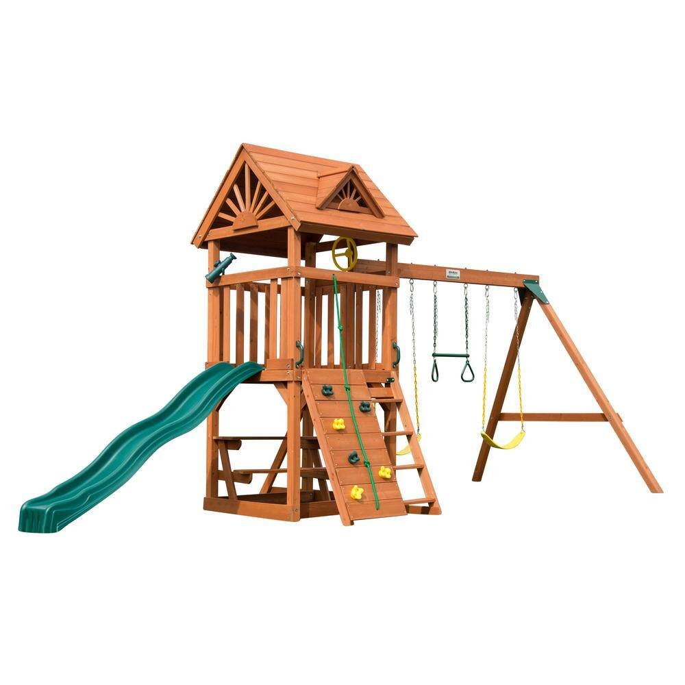 Sky Tower Wooden Outdoor Playground Set with Slide, Sandbox, Swing Set, and...