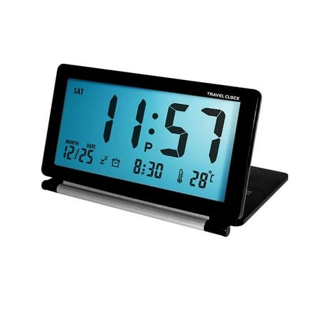 Slatcetga Digital Travel Alarm Clock Battery Operated LCD Clock with Date Temperature Snooze Night Light and PU Leather Cover