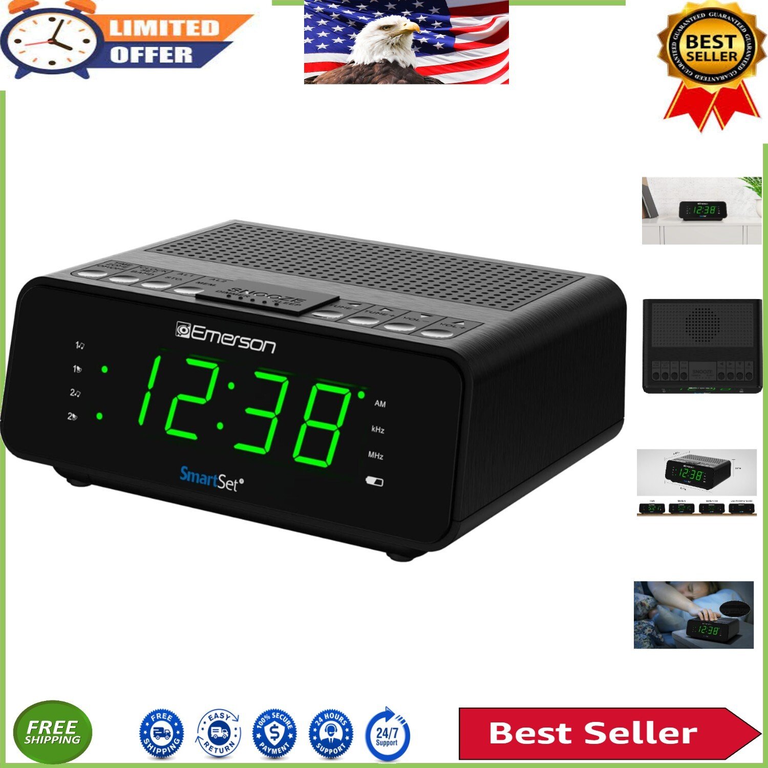 Sleek Alarm Clock Radio with Automatic Time Adjustment & Music Wake-Up