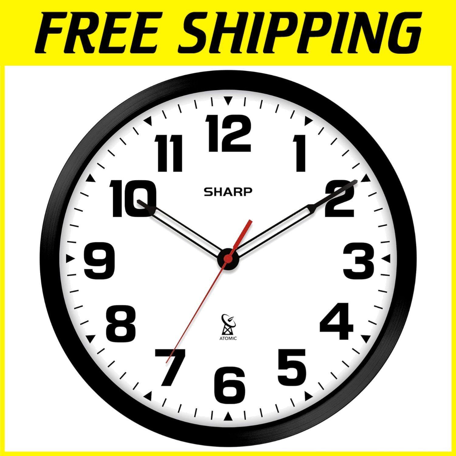 Sleek Black 12" Analog Wall Clock with Atomic Accuracy & Easy Read Design