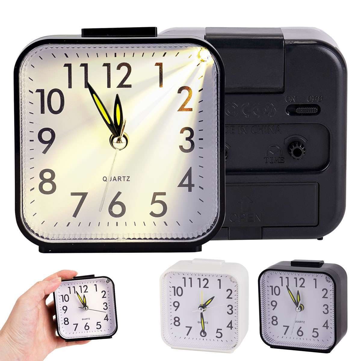 Small Travel Alarm Clock Analog Battery Operated Silent No Ticking With Light