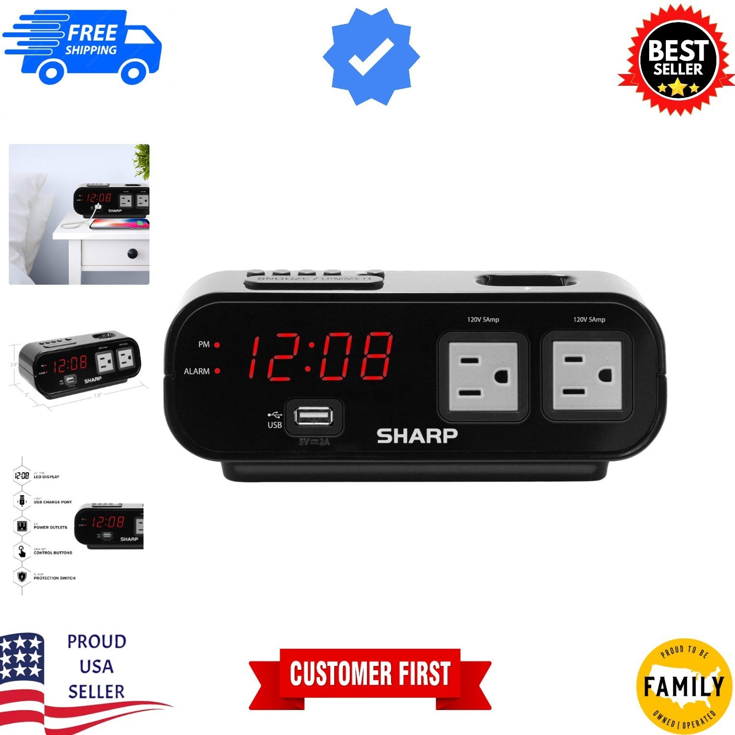 Smart Alarm Clock with 2X Power Outlets & Custom Brightness Control - Indoor Use