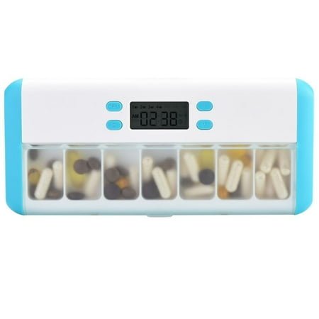 Smart Pill Organizer, Pill Box Alarm Clock, beep, Vibration, LED Light Flashing Remind to take Medicine, Automatic Reminder Every Morning/Afternoon, 7 Alarm Clock, 7 Day Pill Organizer