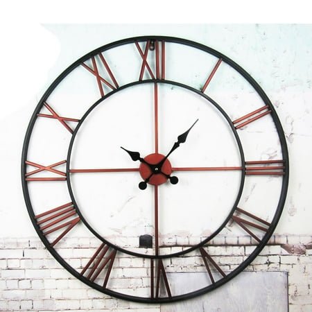 Soimiss Vintage Red Metal Roman Numeral Wall Clock Hollowed-Out Decorative Clock for Home