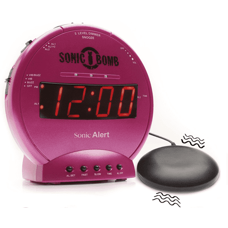Sonic Bomb Dual Extra Loud Alarm Clock with Bed Shaker, Pink | Sonic Alert Vibrating, Heavy Sleepers, Battery Backup | Wake with a Shake
