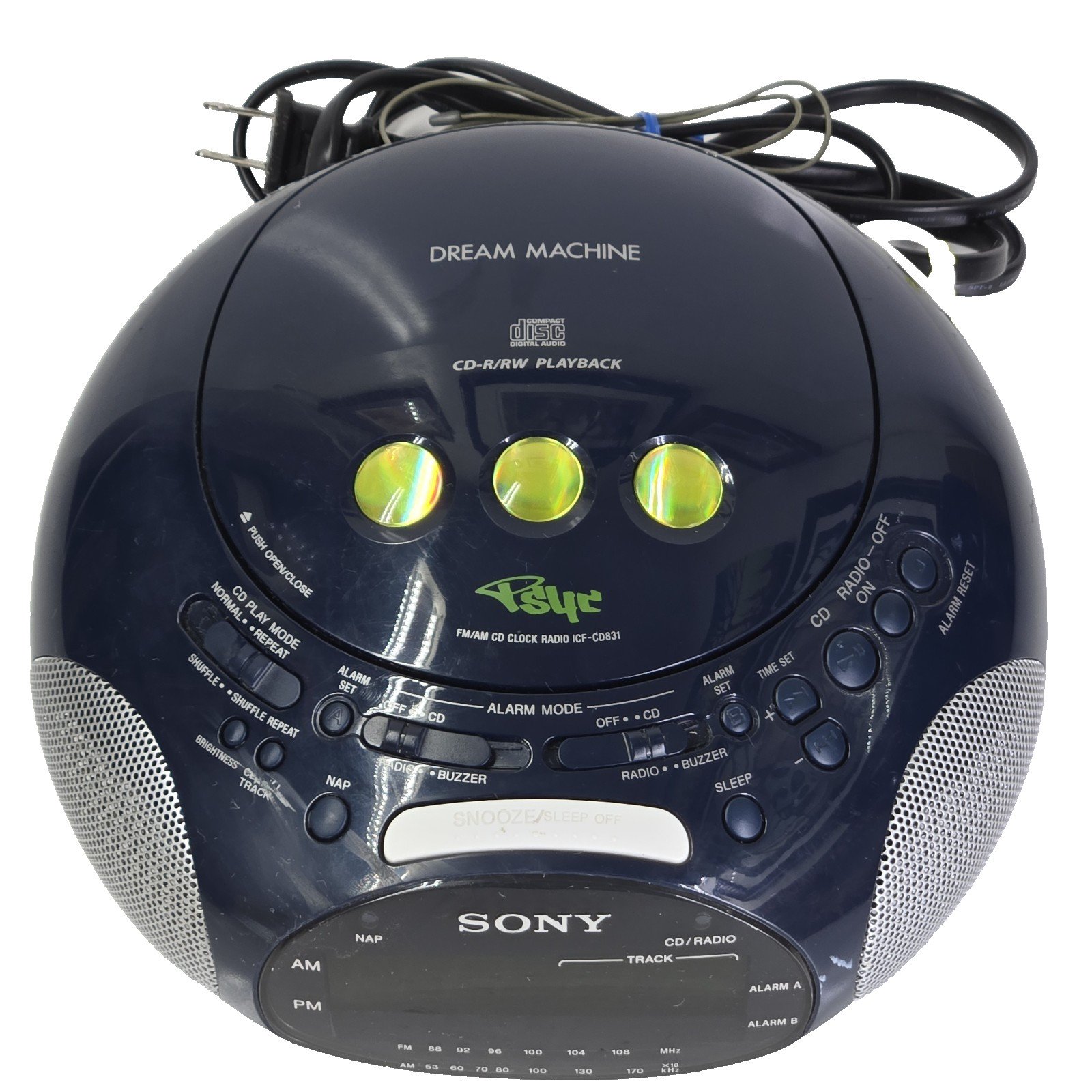 Sony ICF-CD831 Blue Psyc Dream Machine FM/AM CD Player Alarm Clock Radio Works