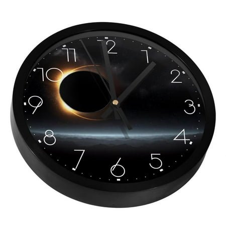 Space Sky Background with Solar Eclipse Silent Wall Clock, Non Ticking Battery Operated 9.8 Inch Wall Clocks for Bedroom Kitchen Home Office School Art Decor
