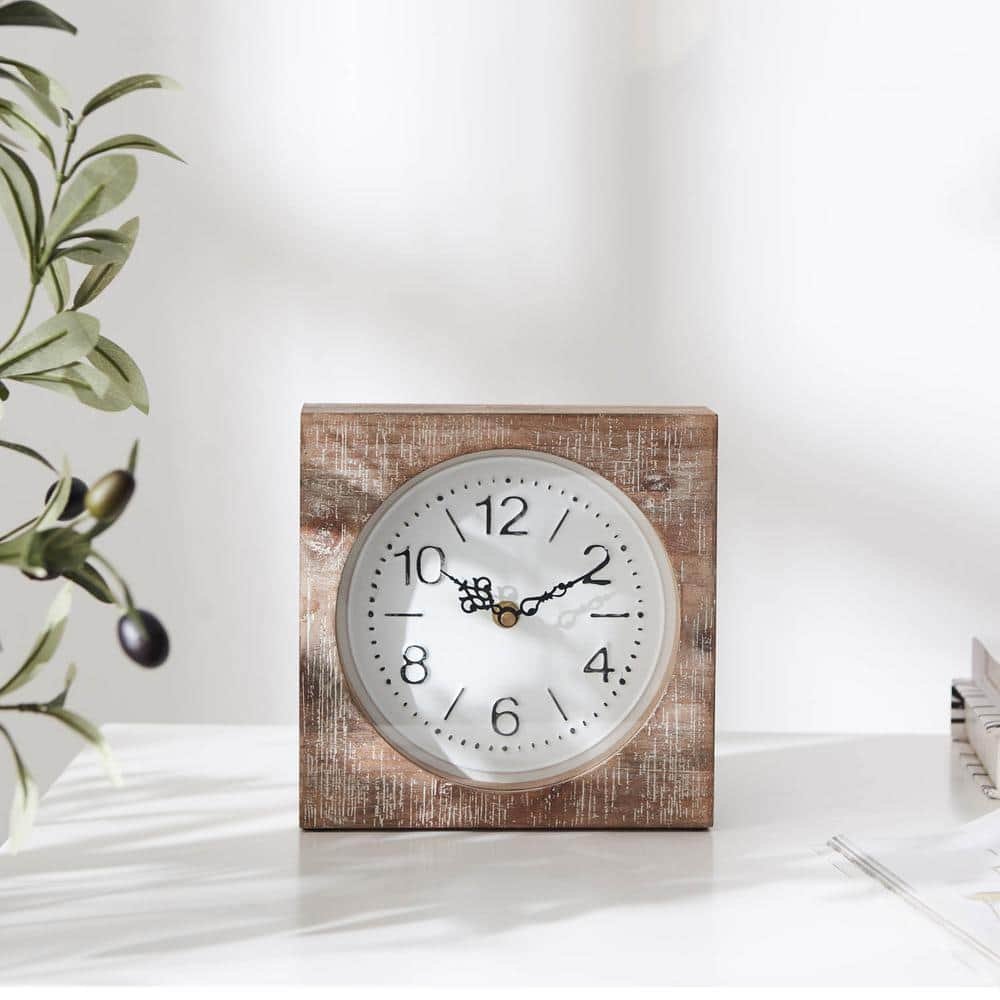 Square Modern Farmhouse Tan Wood and Metal Table Clock