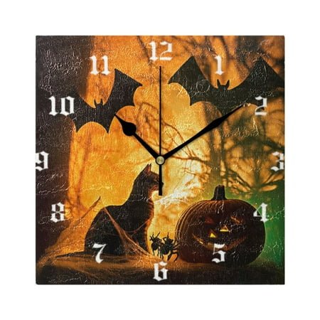 Square Wall Clock Silent Non-Ticking Battery Operated Retro 7.78 Clock for Bedroom Living Room Decor Black Bat Cat