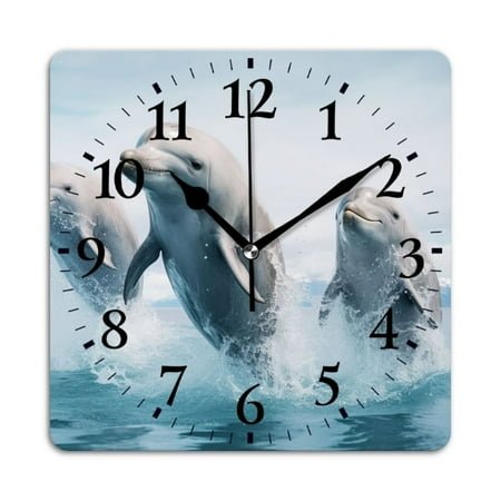 Square Wall Clock,Three Dolphins Jumping Out Of The Water With Clear Sky,Silent Non-Ticking Wall Clock Decor for Home Office Kitchen Living Room Bedroom(12inch)