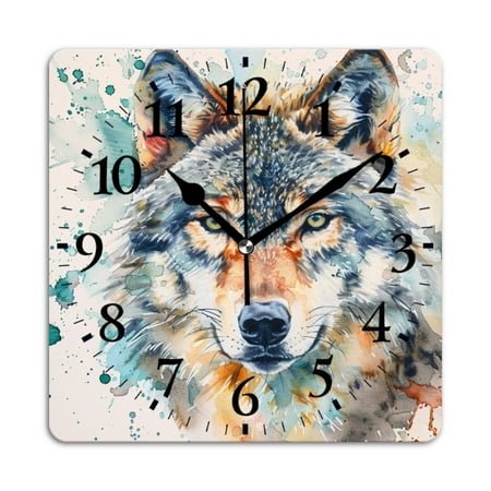 Square Wall Clock,Watercolor Wolf Face On White BackgSquare Splashes Of Color ASquare The Edges,Silent Non-Ticking Wall Clock Decor for Home Office Kitchen Living Room Bedroom(10inch)