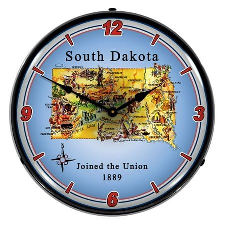State of South Dakota LED Wall Clock, Retro/Vintage, Lighted, 14 inch
