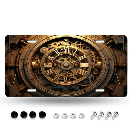 Steampunk-Style Clock with Gears and Cogs License Plate Frame, Decorative Novelty License Plate Rust-Proof Stainless Steel, Unique Car Tags 12X6IN