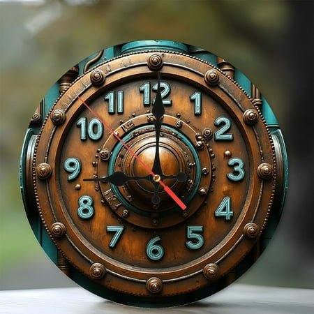Steampunk Style Wall Clock Vintage Copper Clock 10-Inch Silent Wooden Wall Clock, Battery Operated (AA Batteries Not Included), Artistic Home Decor