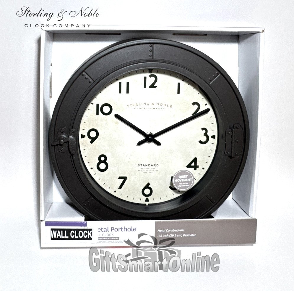 Sterling & Noble Wall Clock 11.5" Round Metal Porthole Design Bronze Finish NEW