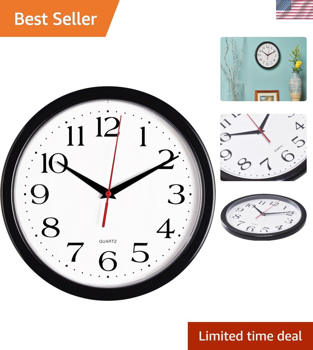 Stylish Black Quartz Wall Clock 10'' – Sweep Movement for Quiet Timekeeping