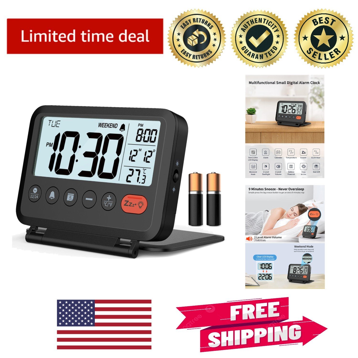 Stylish Black Travel Alarm Clock with Adjustable Volume and Backlight Feature