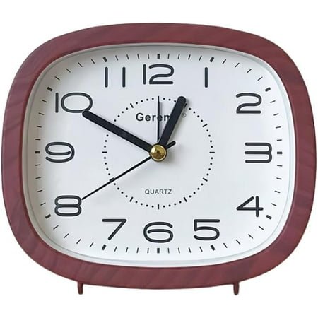 Table Clock, Silent Non Ticking Bedside Alarm Clock Battery Powered, Small Desk Clock for Heavy Sleepers Kids Elder (Reddish Brown)