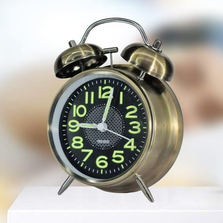 TETAIA Metal Body Frame Vintage Twin Bell Tabletop Alarm Clock with Night LED Light Display Alarm Clock for Bedroom Heavy Sleepers Kids and Students (Radium Glow - Brass)