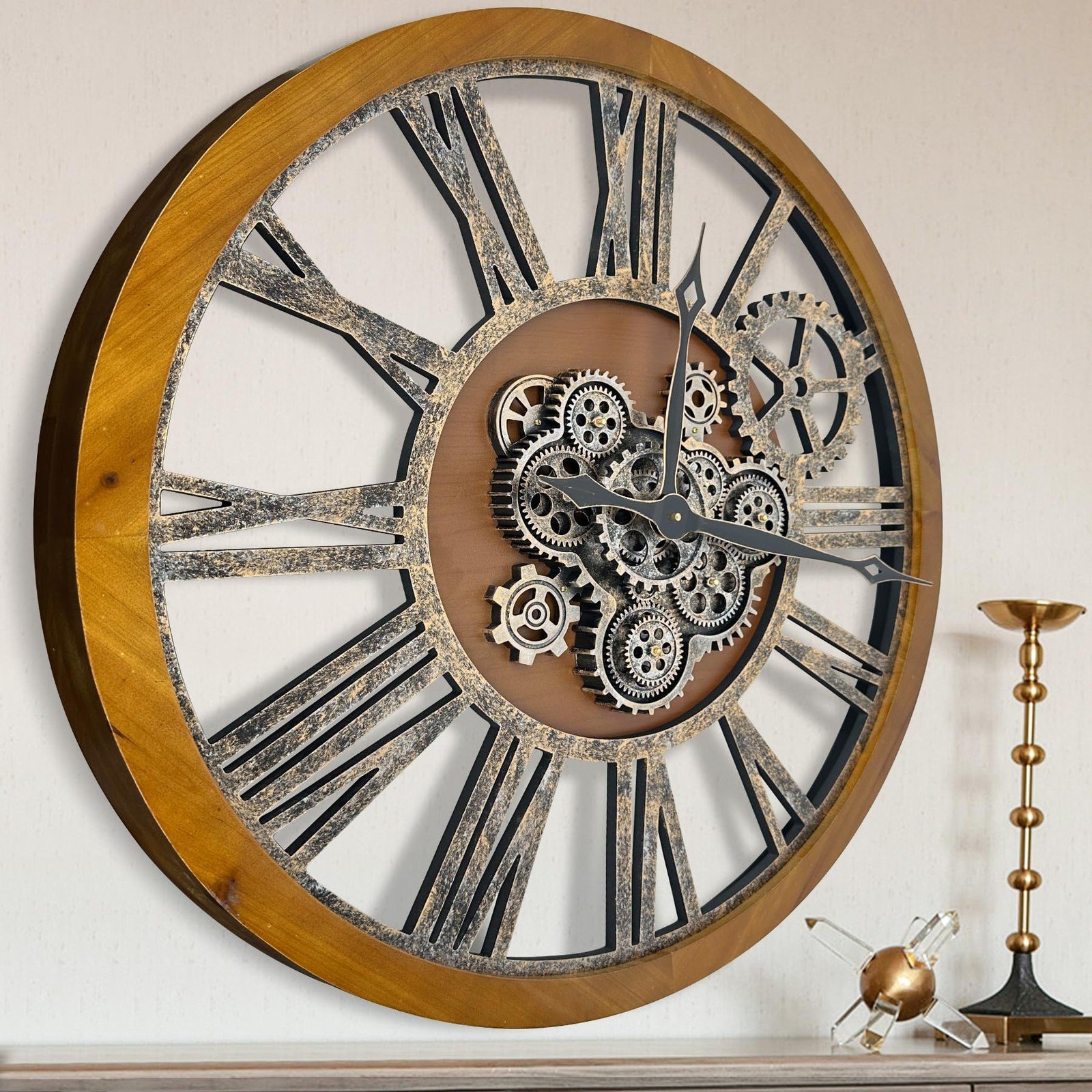 The B-Style Large Real Moving Gears Wall Clock 30 inch Rustic Retro Industria...