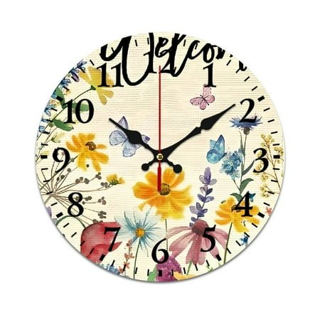 TIAOTIAOHOU Welcome Butterflies Colorful Flowers Fashionable PVC Wall Clock Circular Traditional Wall Clock PVC for Living Room 25cm/9.84in