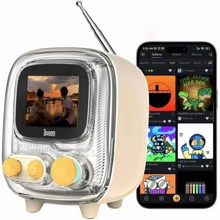 Tiivoo-2 Pixel Art Mini TV Retro Bluetooth Speaker,Smart Alarm Clocks with Dynamic Dials,White Noise Machine,Cute Decor for Bedroom,Bedside Desk,Kitchen,Living Room,Beige
