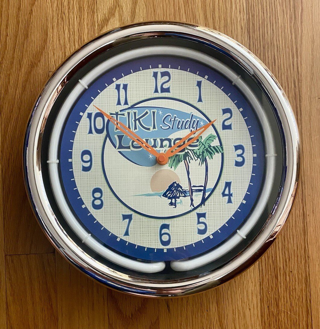 Tiki Study Lounge Neon Blue Lighted 12" Wall Clock for Bar Man Cave w/Power Cord