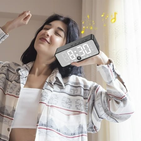 TOPRenddon Ultra Sound Machine Alarm Clock with Bluetooth Speaker, Mirror Sound, Clock, Alarm, Speaker With A-I Voice Prompt, Human Sensing Mode, Dual Alarm For Waking Up