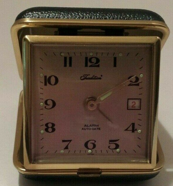 TRADITION Alarm Clock in Folding Black Case w/Gold Trim Alarm & Auto Date NICE