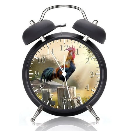 Twin Bell Rooster Farm Alarm Desk Clock with Night Light Quite Silent Non-Ticking 4 Inches Metak and Glass Face Great for Decor or Gifts G30 C80