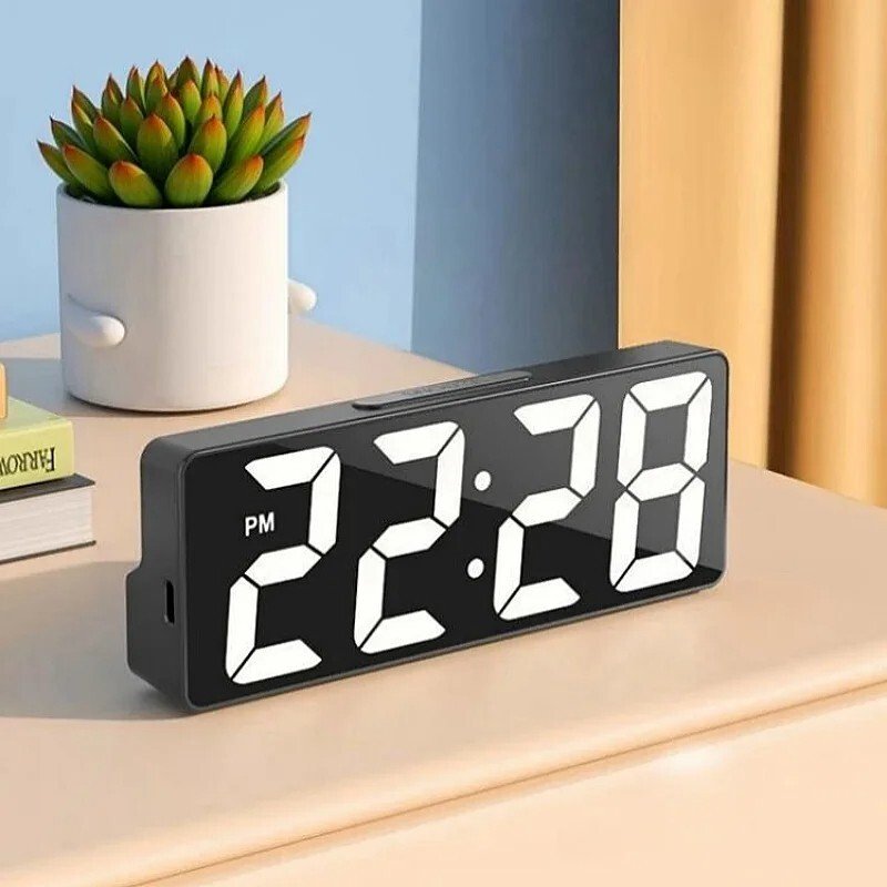 USB Voice Control Digital LED Alarm Clock Temperature Night Mode 12/24H Snooze