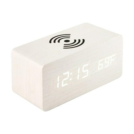 VBXOAE Wooden Digital Alarm Clock with Wireless Charging & Sound Control-LED Display,Temperature,12/24hr Mode,USB or Battery Powered,Bedside Desk Accessory White