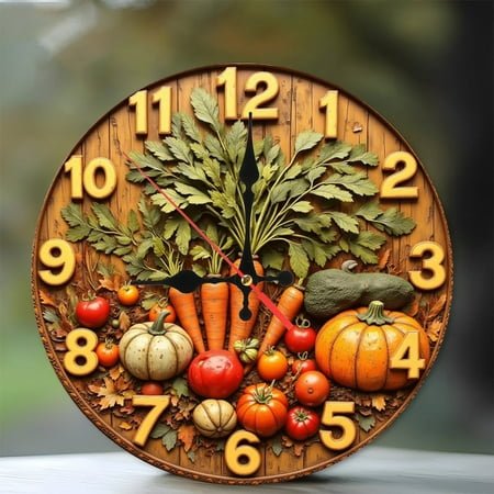 Vegetable Wall Clock， Kitchen Decor， Harvest Time， Farmhouse Style， Autumn Decor， Unique Gift 10-Inch Silent Wooden Wall Clock, Battery Operated (AA Batteries Not Included), Artistic Home Decor