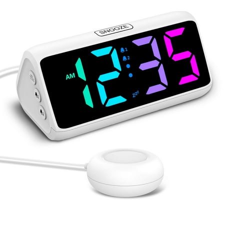Vibrating Alarm Clock for Deep Sleepers, RGB Plug-in Bed Shaker with 5 Adjustable Brightness, 2 Custom Alarms, 115dB Loud Ring, Snooze, Hearing Impaired Adults, White